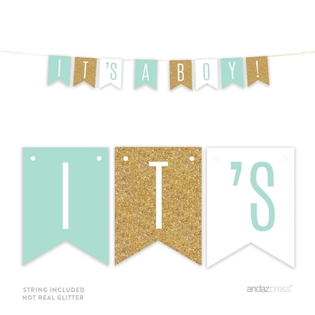 Signature Light Aqua, White, Gold Glittering Baby Shower Party, Hanging Pennant Banner, It's a Boy!