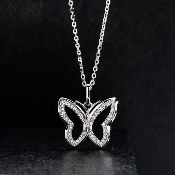 New Jewels 2Ct Round Cut Real Moissanite Womens Butterfly Pendant Necklace 14K White Gold Plated