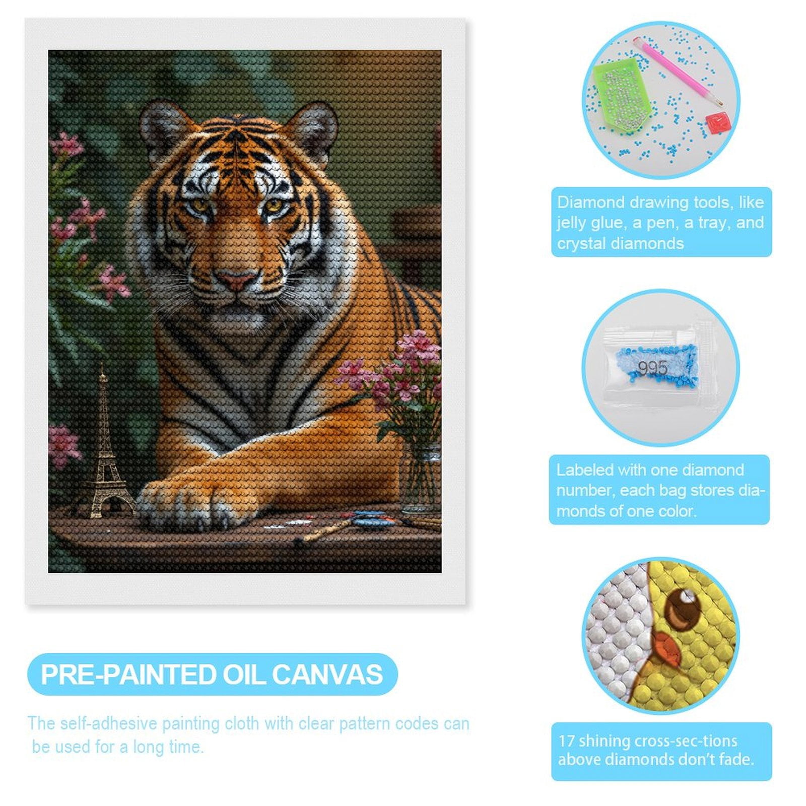 Diamond Art Kit for Adults, Tiger Art Flowers Miniature Tower Diamond Painting for Adults Beginners, 5D DIY Diamond Art Painting Kits, Colorful Diamond Painting Craft for Home Decor 12x16