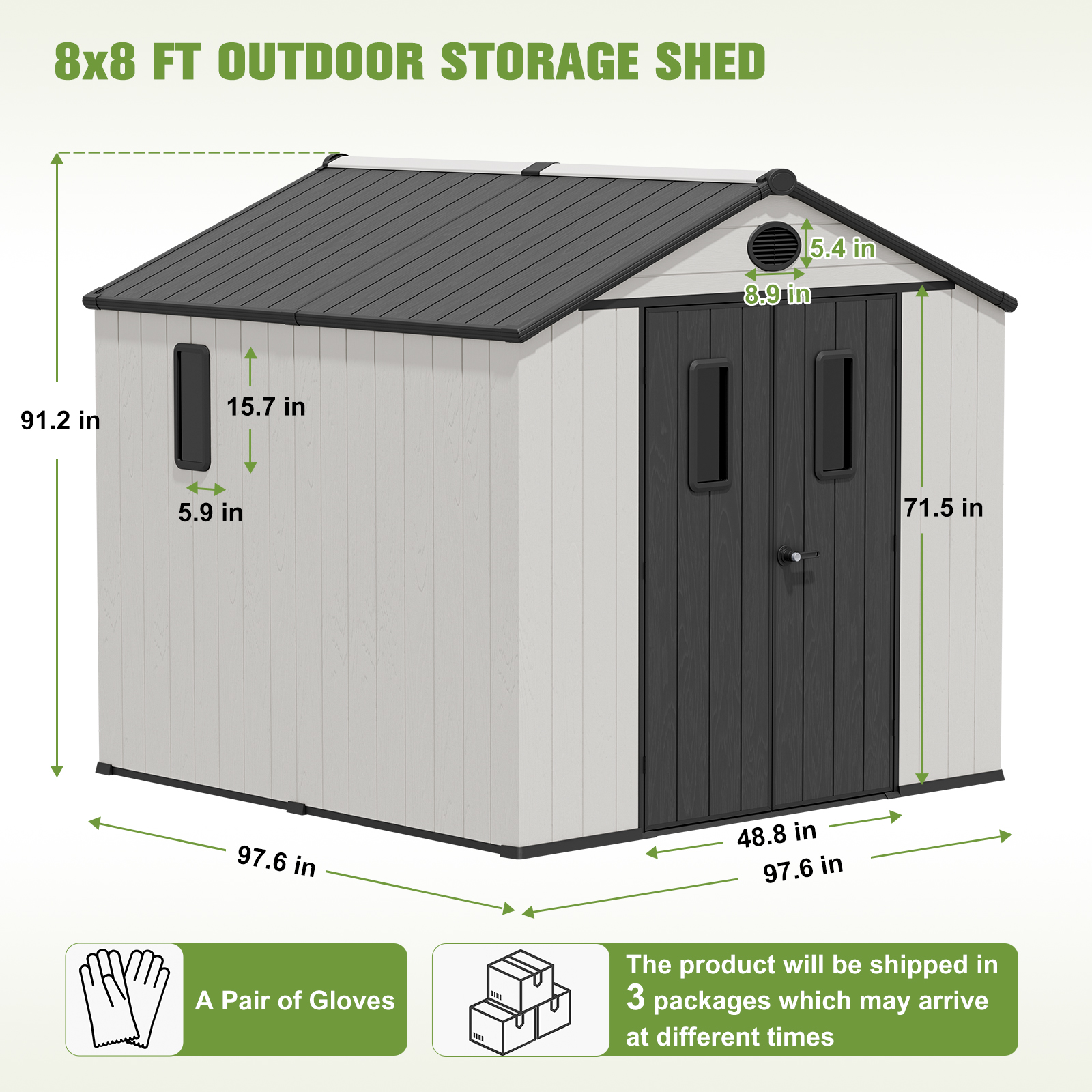 COOS BAY 8x8ft Outdoor Resin Garden Shed, Plastic Patio Storage Tool Shed with Lockable Door and Window, White/Gray