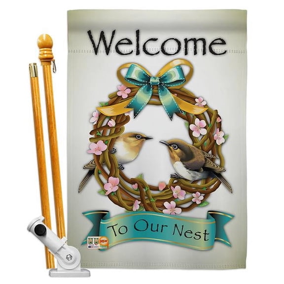 Breeze Decor BD-SH-HS-100046-IP-BO-D-US12-BD 28 x 40 in. Welcome to Our Nest Inspirational Sweet Home Impressions Decorative Vertical Double Sided House Flag Set with Pole Bracket Hardware