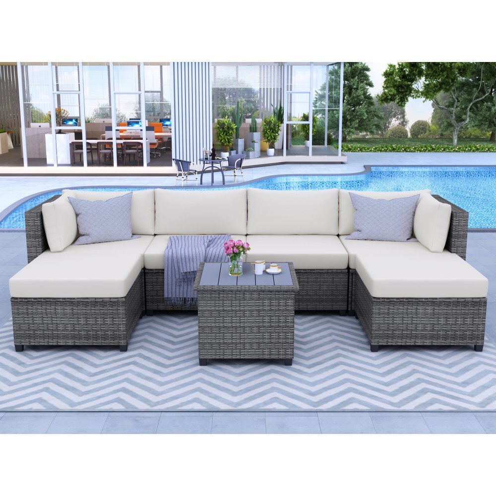 Hassch 7 Piece Rattan Sectional Seating Group with Cushions, Outdoor