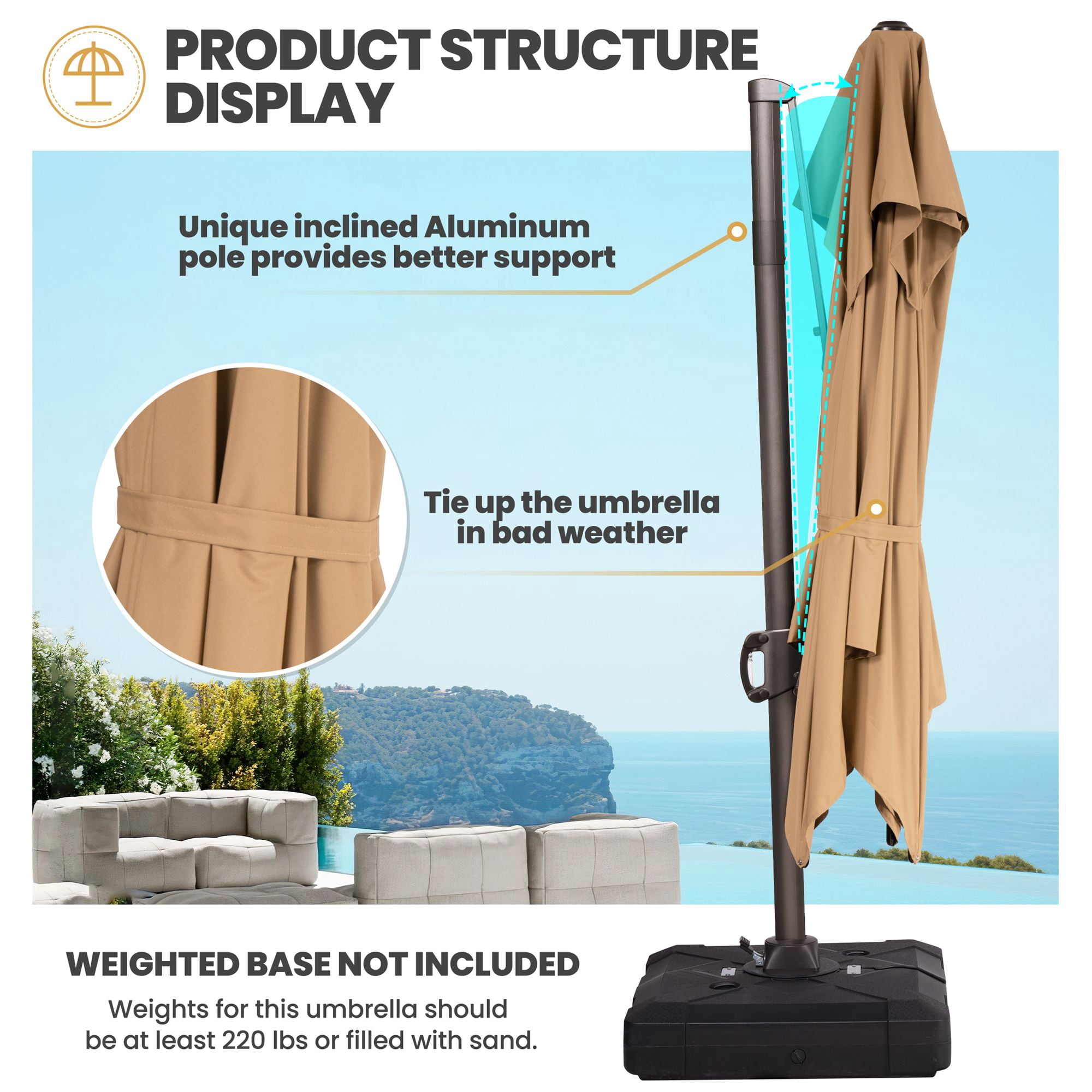 Pellebant 11 ft. x 9 ft. Rectangular Double Top Patio Cantilever Umbrella, Tan