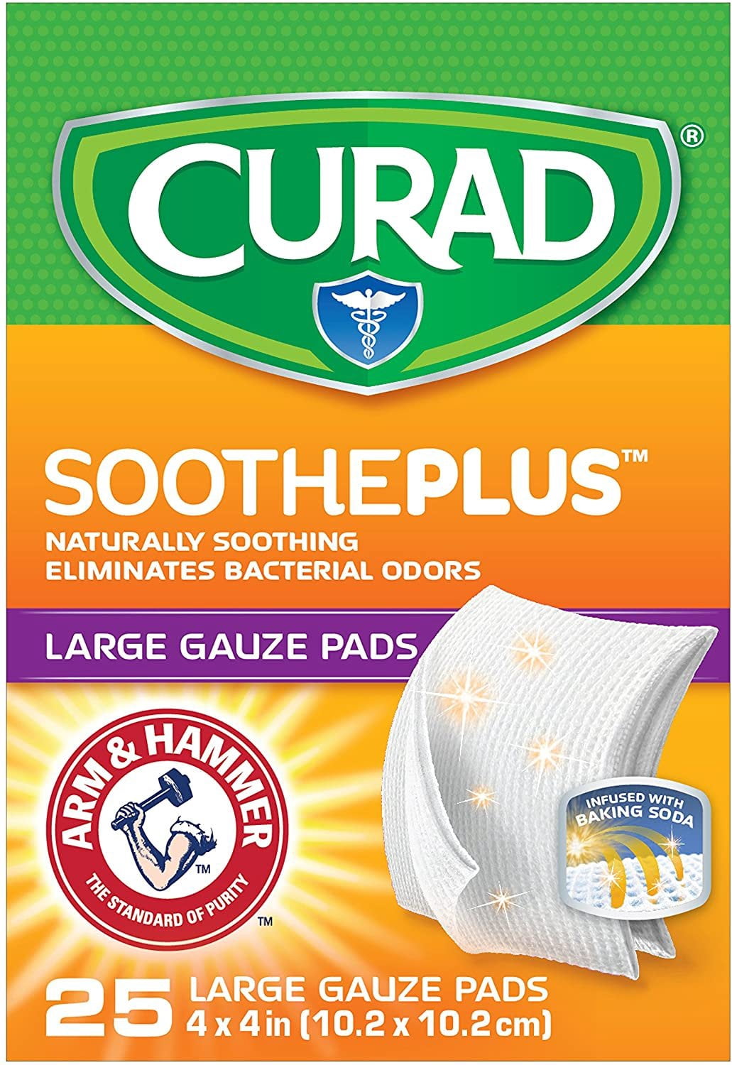 Curad SoothePlus Large Gauze Pads Eliminate Bacteria Odors, 25ct, 6-Pack