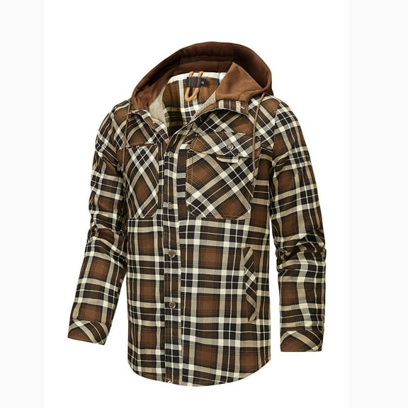 Dolkfu Men Winter Jacket with Hood Cotton Brown Fleece Lined Outerwear Plaid Button Down Fuzzy Sherpa Coat Coats for Man L