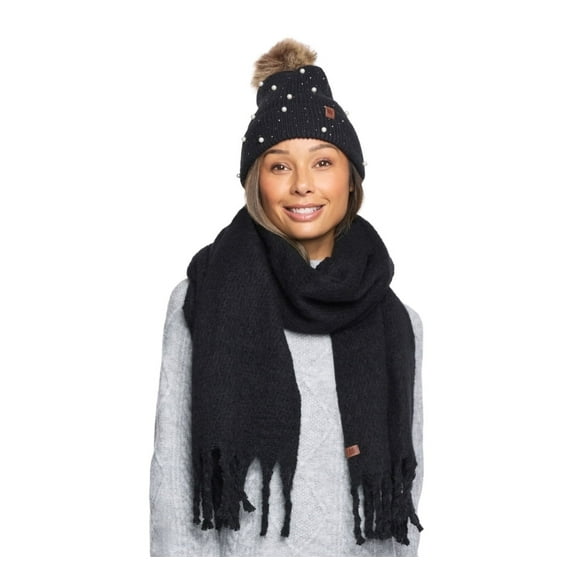 Lucky Brand Women's 2 Piece Hat and Scarf Set Black and Pearl