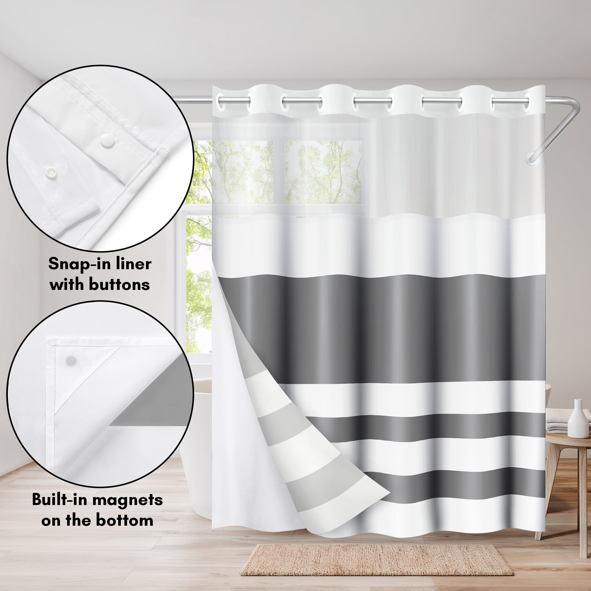 Americanflat 72x75 Hookless Shower Curtain - Abstract Grey White Shower Curtain with Sheer Panel, Snap-In Liner, and Grommets - 100% Polyester