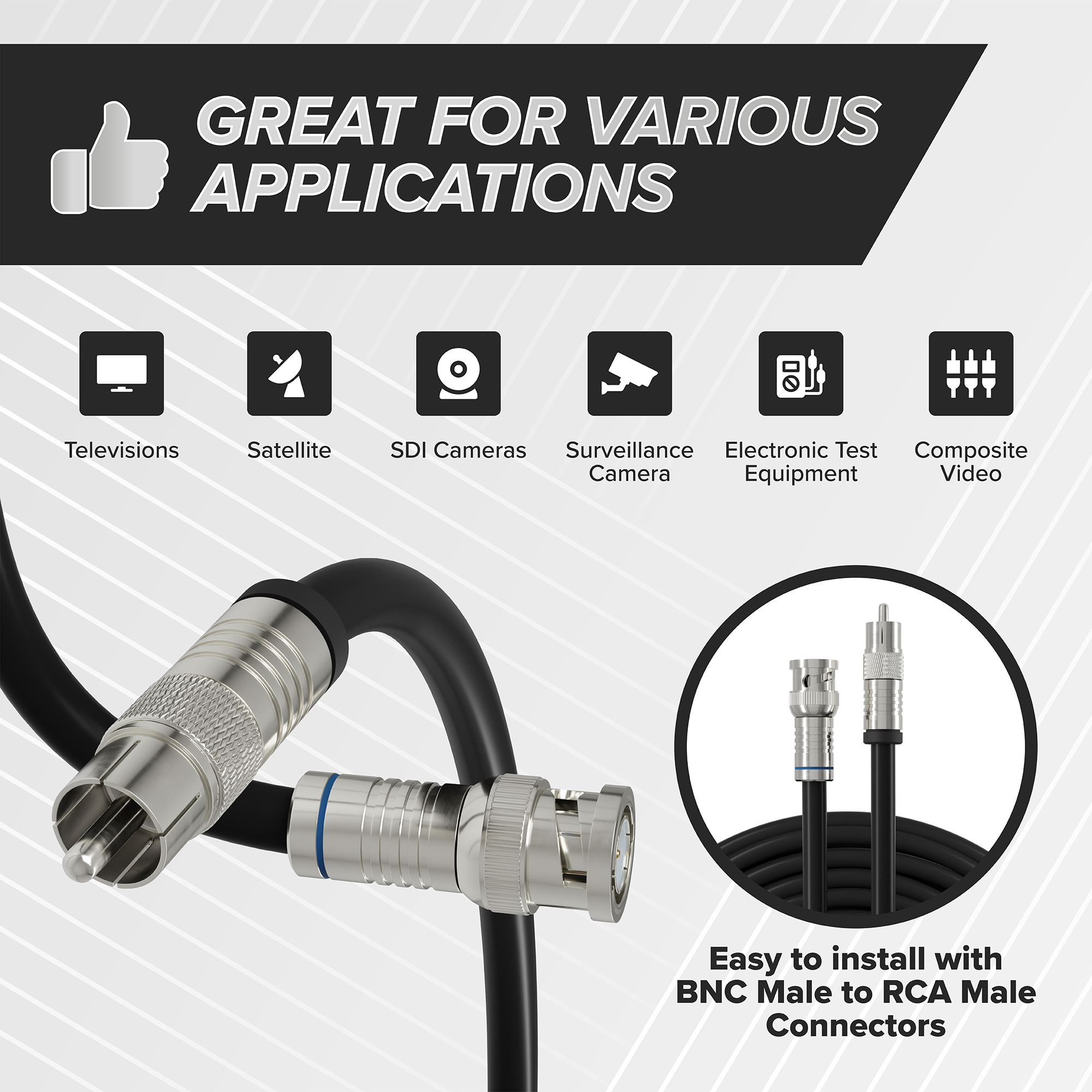Black, 25 ft BNC to RCA RG6 Cable - Professional Grade - Male BNC to Male RCA Cable  - BNC Cable - 75 Ohm Coaxial, 50/75 Ohm Connectors, SDI, HD-SDI, CCTV, Camera, and More - 25 Feet Long, in Black - image 2 of 10
