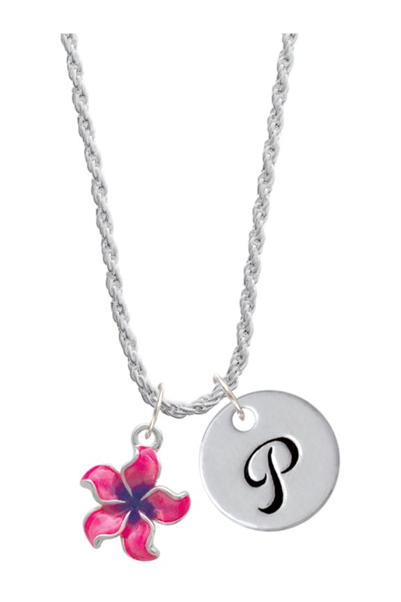 Silvertone Hot Pink and Purple Plumeria Flower Silvertone Script Initial Disc - P - Charm Necklace, 20"+3"