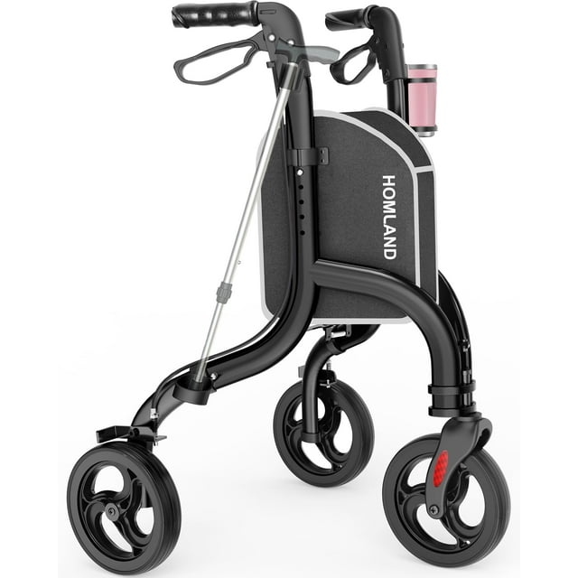 Andador de 3 ruedas HOMLAND para personas mayores, plegable, apto para FSA/HSA, con soporte para bastón y vaso, ligero y ajustable en altura.