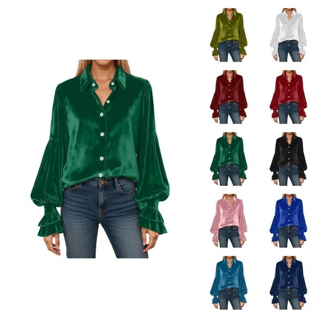 Velvet Tops for Women 2026 Spring Fashion Long Sleeve Button Down Lapel Collared Ruffle Casual Shirt Blouse Top