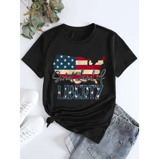 Independence Flag Print T-shirt, Short Sleeve Crew Neck Casual Top For Summer & Spring, Women's Clothing