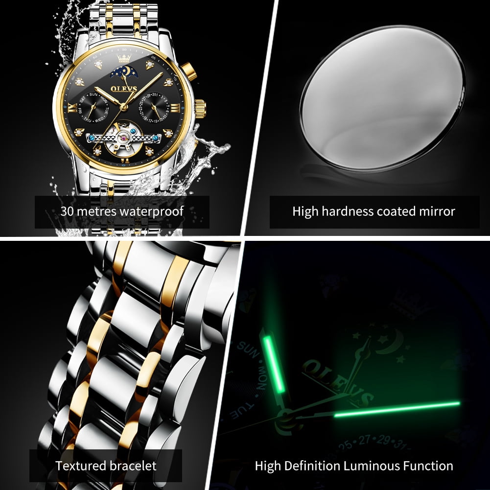 OLEVS Automatic Watches for Men Self Winding Mechanical Skeleton Flywheel Chronograph Luxury Dress Stainless Steel Diamond Moon Phase Waterproof Luminous Mens Wrist Watches Reloj Para Hombre