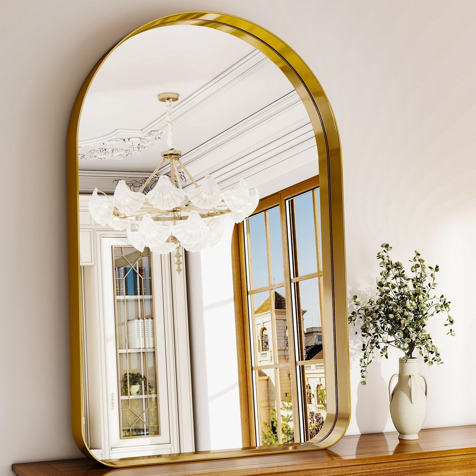 AnyRose 26"x38" Arched Bathroom Mirror Modern Vanity Mirror with Deep Frame – Wall-Mounted Mirror for Bathroom Bedroom,Gold