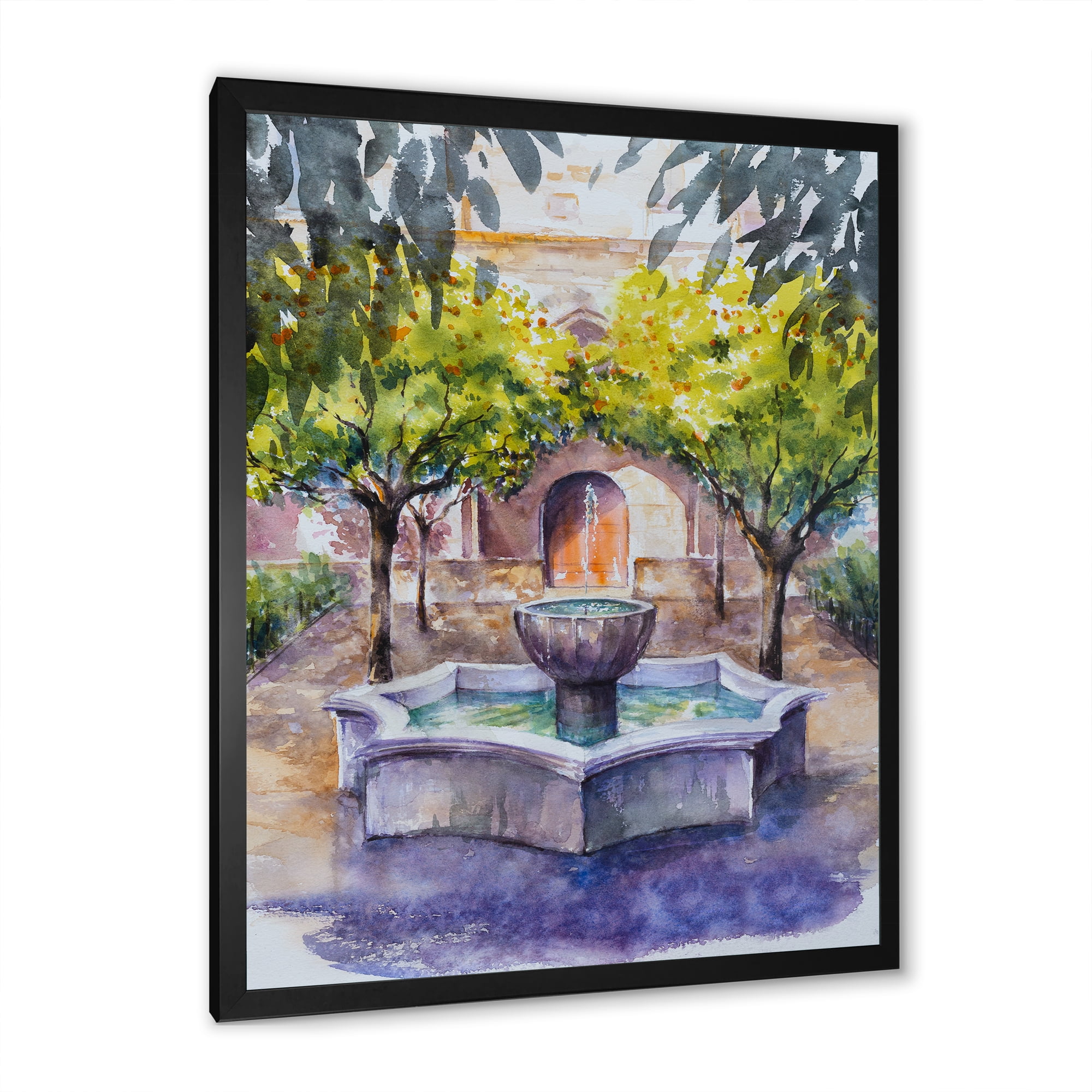 Designart 'Small Fountain With Trees In The Village House' Country Framed Art Print