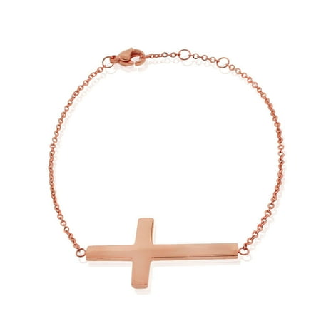 Stainless Steel Rose Gold-Tone Religious Cross Link Chain Bracelet