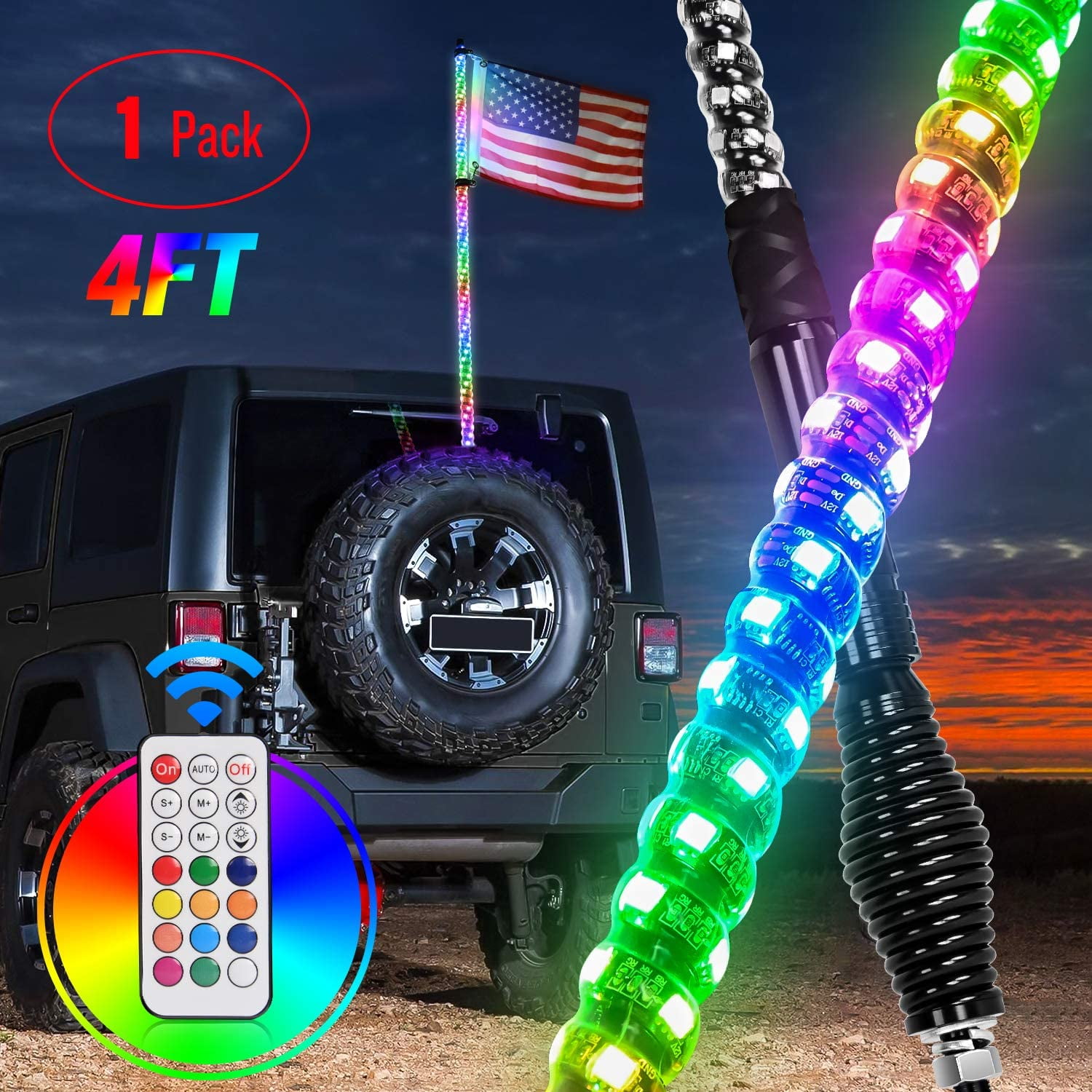 Chasing & Dancing, 4FT 4FT 1PC LED LIGHT WHIP Spiral Dancing & Chasing Light Flag Pole with Wireless Remote Control for ATV UTV Truck Polaris RZR XP 1000 Can am Maverick X3 