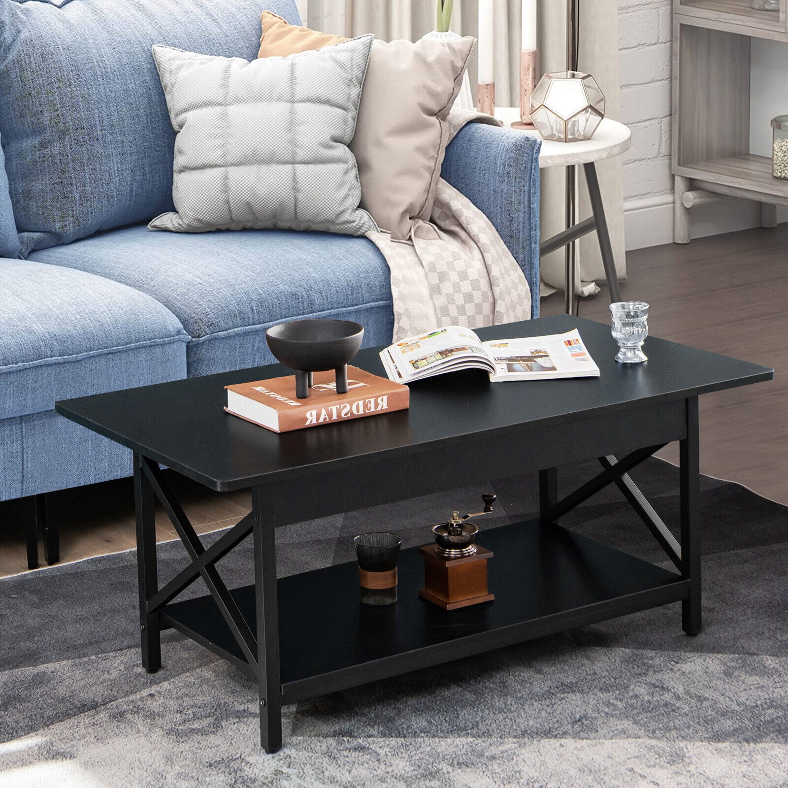 Gymax Coffee Table Industrial 2-Tier w/ Storage Shelf &Storage Shelf for Living Room Black