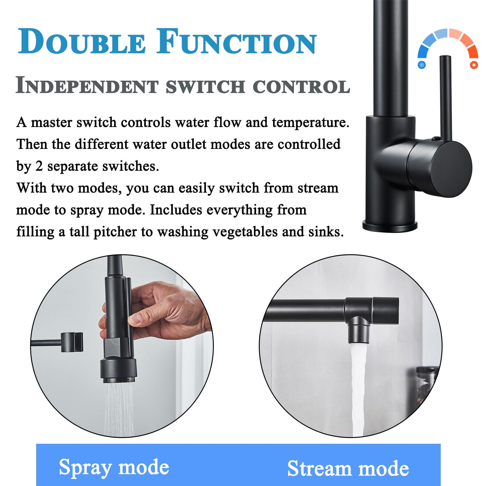 Zovajonia Matte Black Kitchen Faucet Sink Single Handle Pull Down Sprayer Swivel Mixer Tap