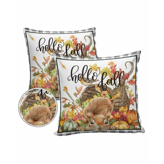 Pack of 2 Outdoor Pillow Covers, Fall Squirrel Thanksgiving Autumn Leaves Buffalo Plaid Waterproof Square Throw Pillowcase Cushion Decorative Pillow Covers for Couch Patio Tent, 16x16 in