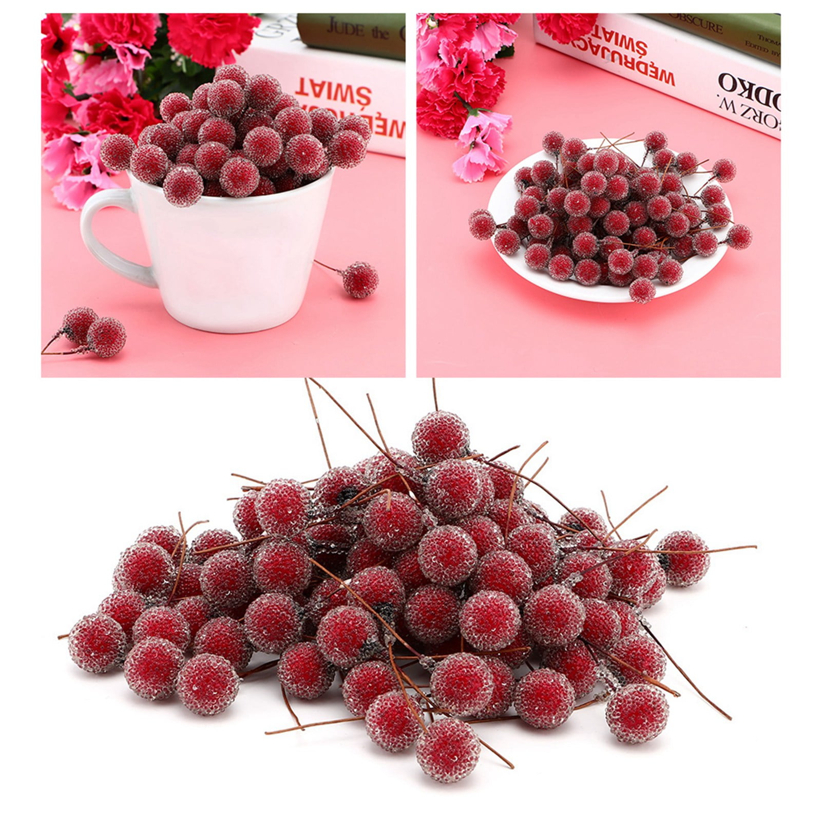 Artificial Red Berry Stems Holly Decor, Mini Frosted Fruit Holly Berries Christmas Tree