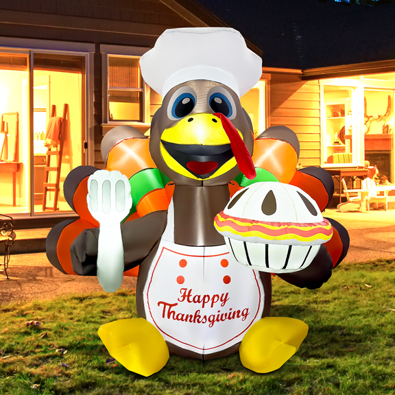 7 FT Wide Inflatable Thanksgiving Turkey,  Blow up Thanksgiving Turkey Inflatable Turkey Chef with Built-in LED Lights for Thanksgiving Holiday Party