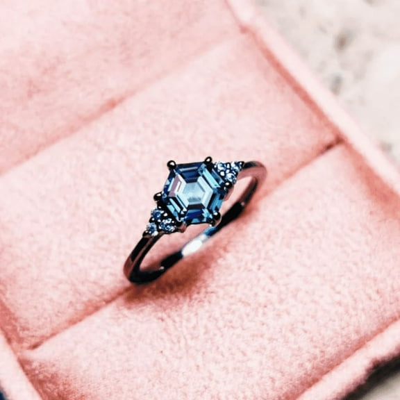 Unique Alexandrite Engagement Ring in 14K Black Gold Vermeil- Hexagon Cut Ring- Vintage Dainty Diamond Ring