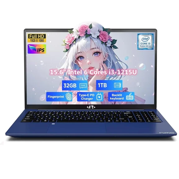 15.6" IPS FHD Business Laptop, 32GB RAM 1TB SSD Intel 6 Core i3-1215U (Beat i5-1135G7, Up to 4.4GHz) Laptop-Computer Fingerprint Backlit Keyboard 65W Type C Wi-Fi 6 Win 11 Blue