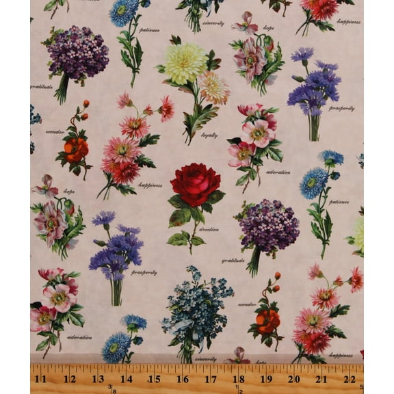 Cotton Flowers Floral Types Kinds Species Flea Market Fresh Tan Cotton Fabric Print by the Yard (7372-11)