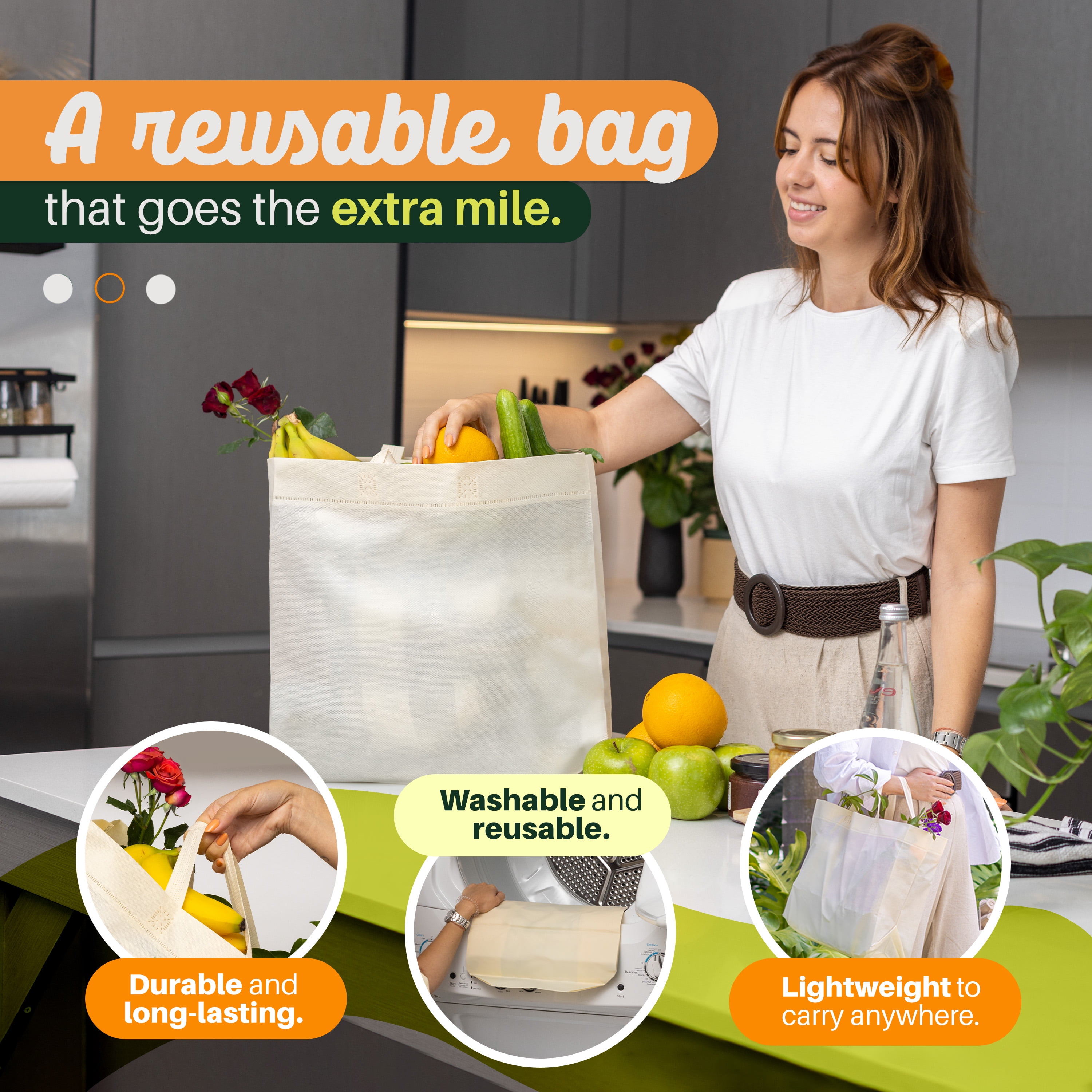 Simply Cool Reusable Grocery Bags Eco-Friendly - Heavy Duty Large Shopping Bags, 14.5"x14"x6.6" Foldable , Washable  Bulk Tote bag (50 pack Cream)