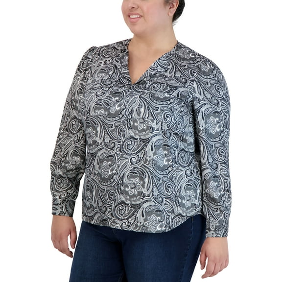 Jones New York Plus Size Satin Paisley Print Utility Blouse Onyx/Dove Grey 3X