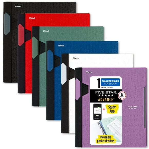 Five Star Advance Spiral Notebooks + Study App, 6 Pack, 1 Subject, College Ruled Paper, 11" x 8-1/2", 100 Sheets, with Spiral Guard and Movable Dividers, B