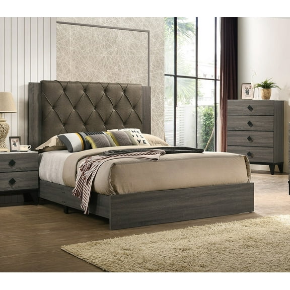 Transitional Style Upholstered Tufted Headboard Queen Size Bed 2x Nightstands Unique Drawers Handles 3pc Bedroom Furniture Gray