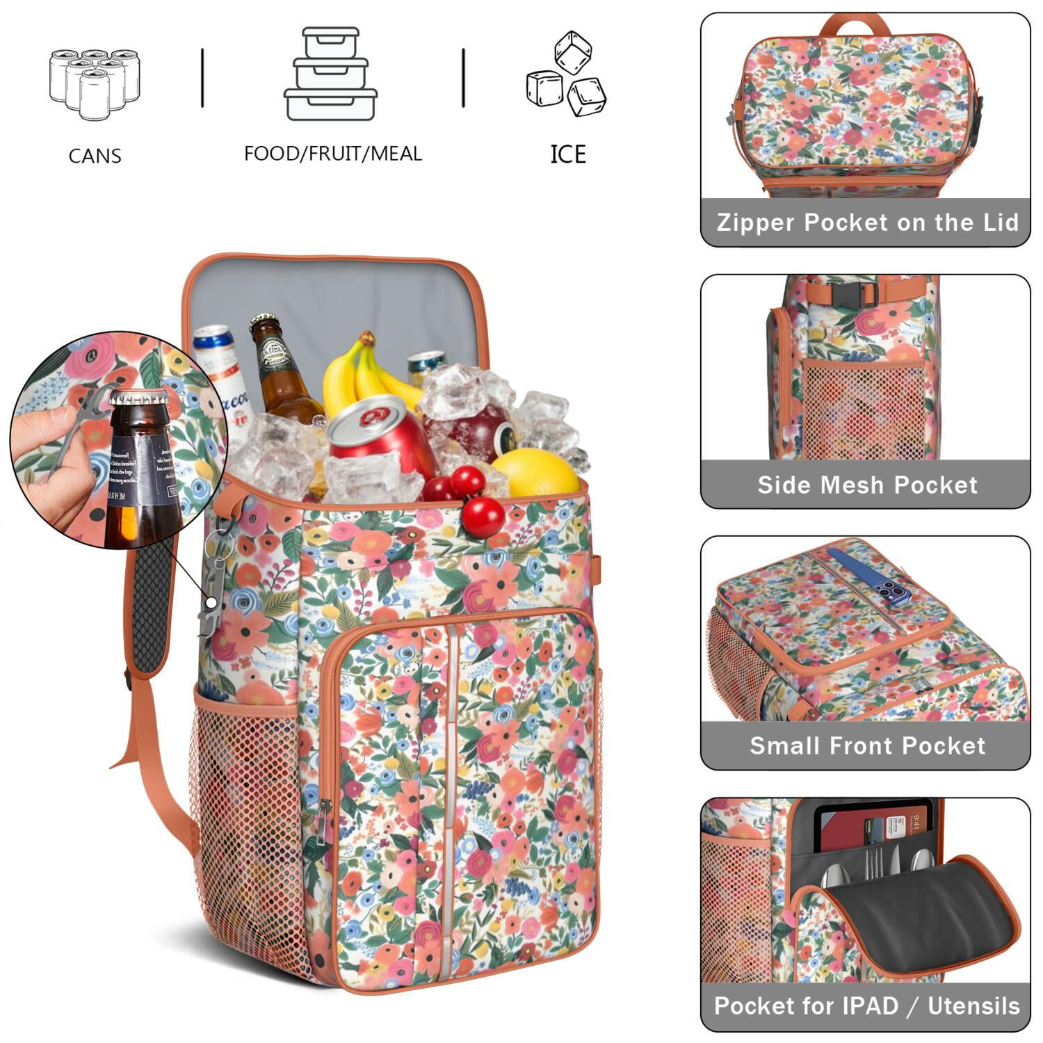 Travel Cooler Bag - Pioneer Flower Floral Print Pattern Camping Beer Cooler Backpack with Bottle Opener- Waterproof Insulated Picnic Backpacks - Cooler Bag for Beach