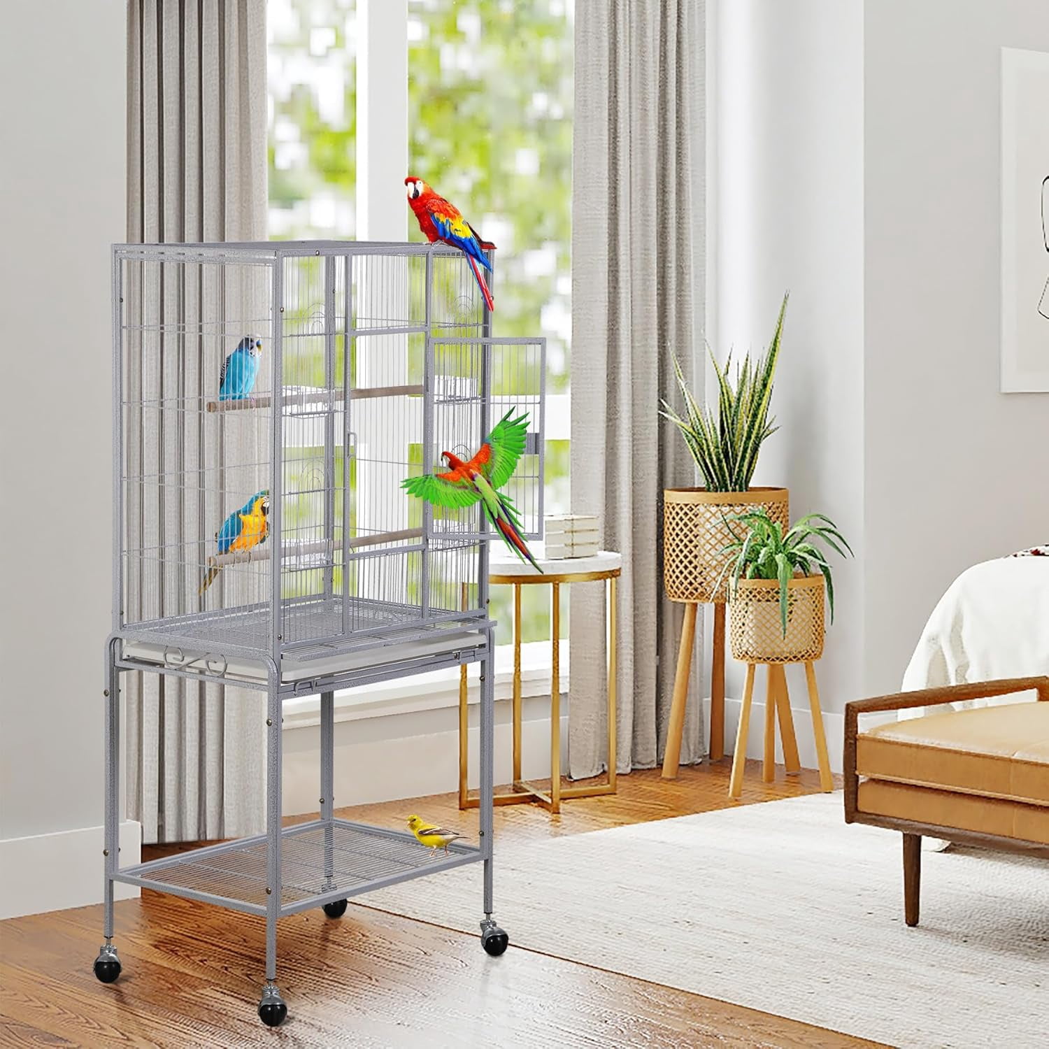 53-Inch Rolling Bird Cage, Wrought Iron Large Cage with Stand and Storage Shelf for Parrots, Cockatiels, Parakeets, and Macaws (White)