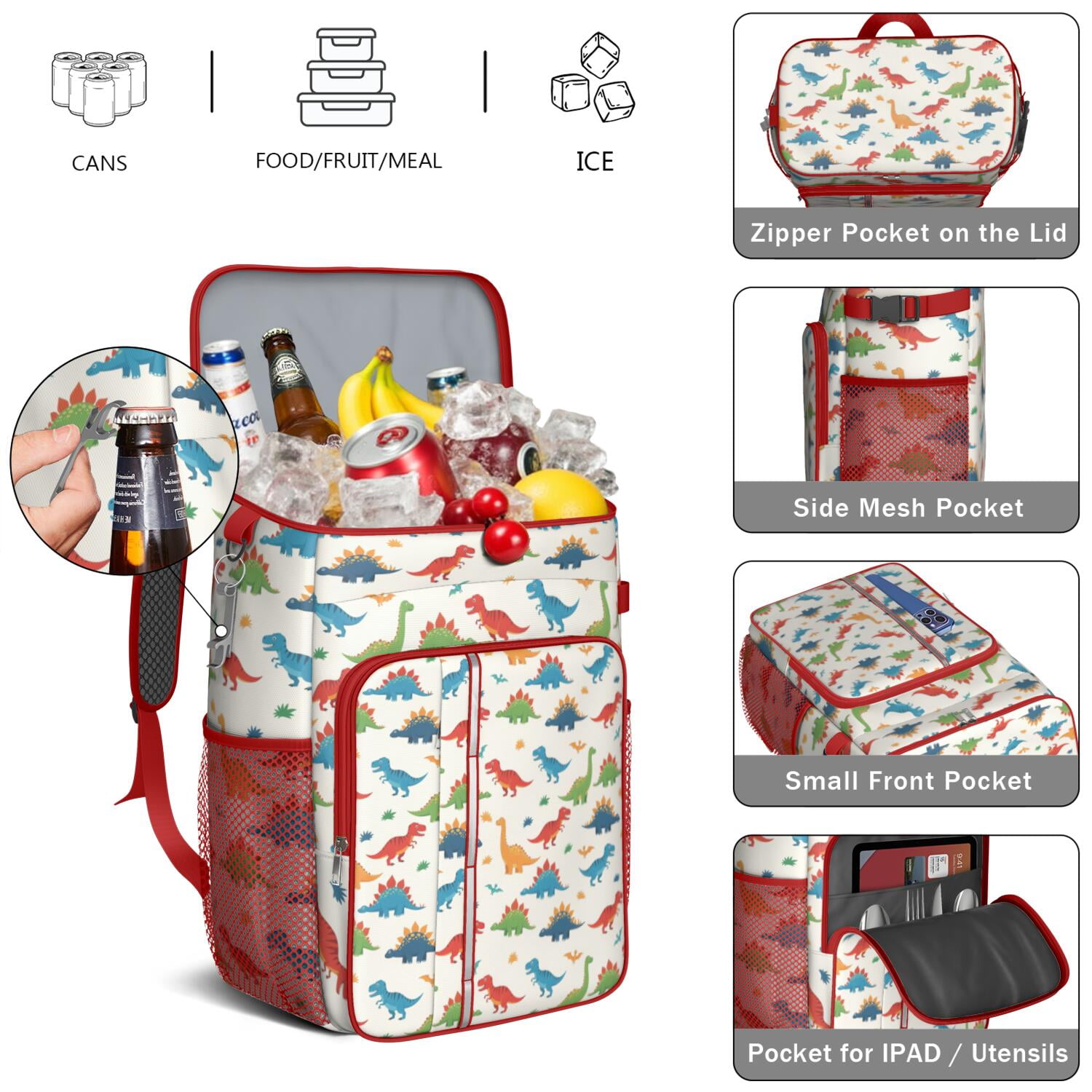 Travel Cooler Bag - White Cartoon Dinosaurs Pattern Camping Beer Cooler Backpack with Bottle Opener- Waterproof Insulated Picnic Backpacks - Cooler Bag for Beach