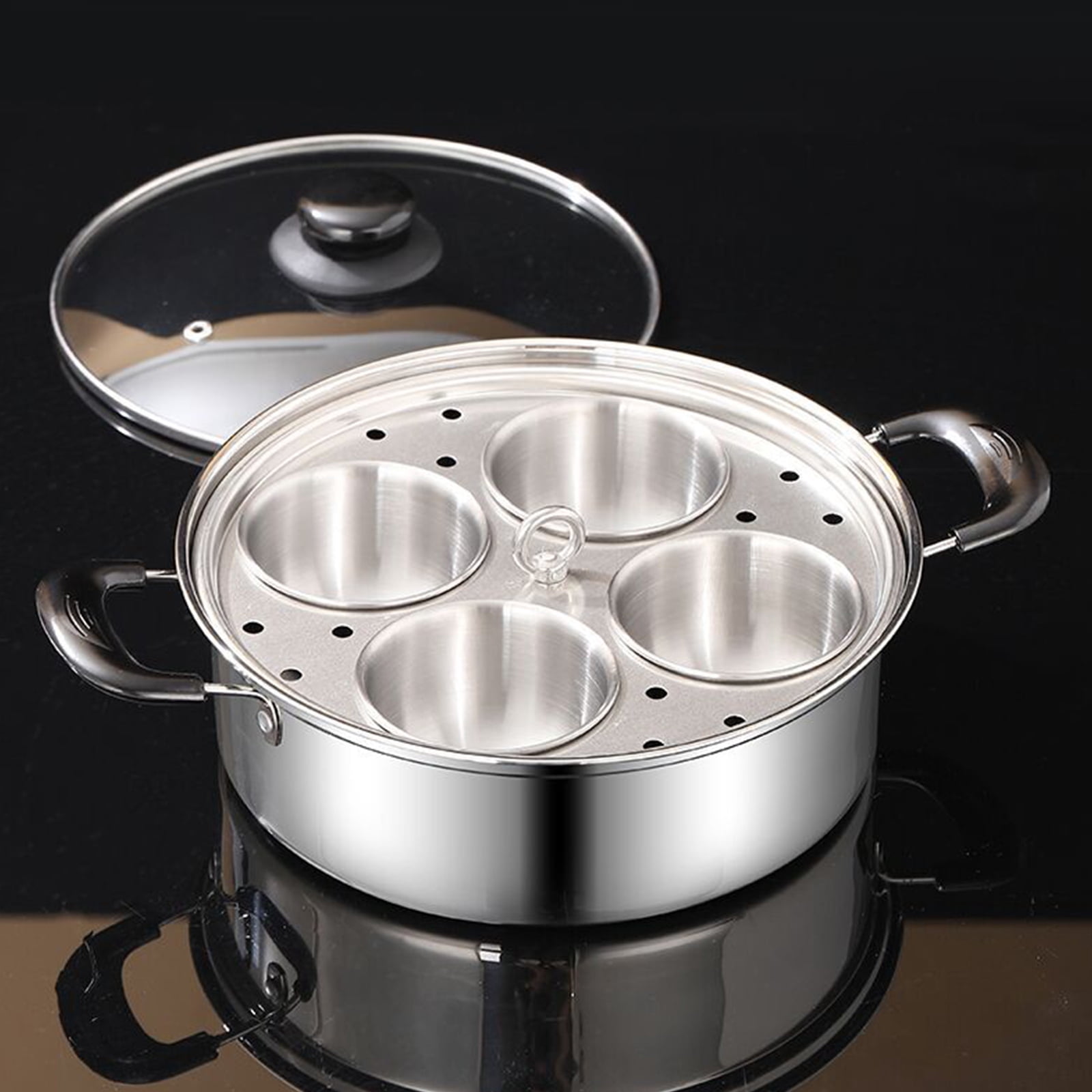 Egg Poacher Pan Nonstick 4 Eggs, Stainless Steel Poached Egg Maker Pot Egg Poaching Pan, Poached Egg Cooker Pot Multipurpose Stovetop Egg Poacher Pot for Multiple Stove Types