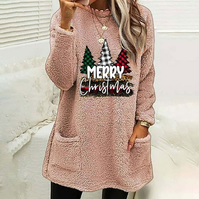 FcBaudy Hauts pour Femmes, Blouses & Chemises à Manches Longues Col Rond, Chemises pour Femmes Blouse de Noël Col Rond et Hiver Ample Imprimé Poche Chaude Manches Longues Blouse pour Femmes