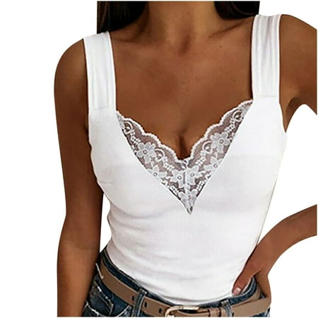 

Fashion Women s Tank Top Summer Solid Halter Vest Lace Stitching V-Neck Sling Sleeveless T-Shirt Slim Fit Tunic Workout Blouse