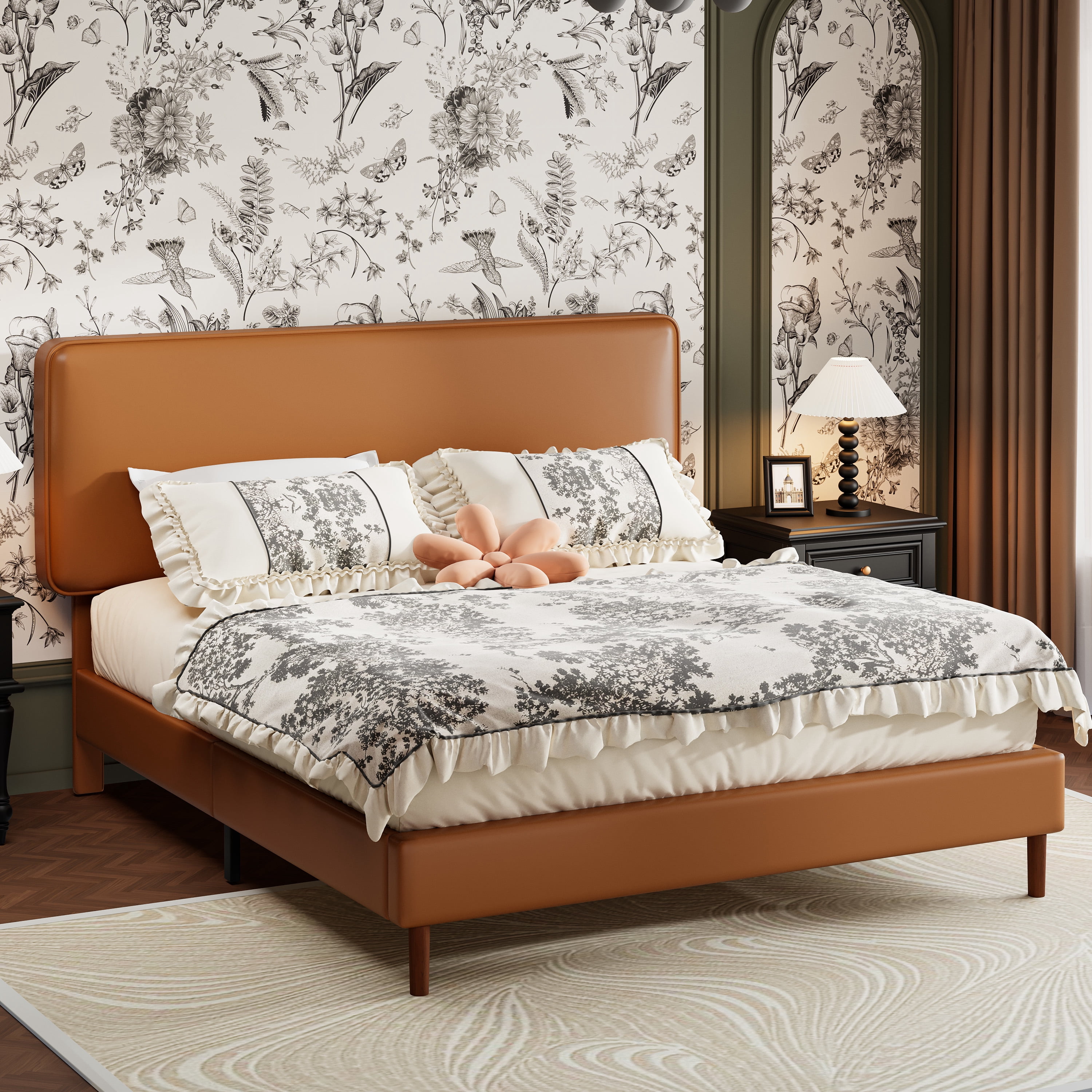 Frostbloom Queen Bed Frame, Upholstered Faux Leather Platform Bed with Adjustable Headboard, Orange Brown