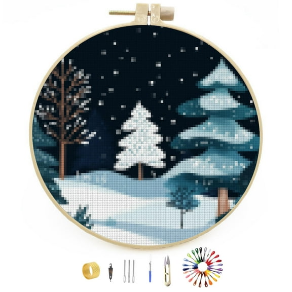 Merry Christmas Winter Snow Pine Tree DIY Stamped Cross Stitch Kits Easy for Beginners with Hoop 11CT Counted Embroidery Needlepoint Crafts Arts for Handmade Enthusiasts and Home Decor 30x30cm(3)