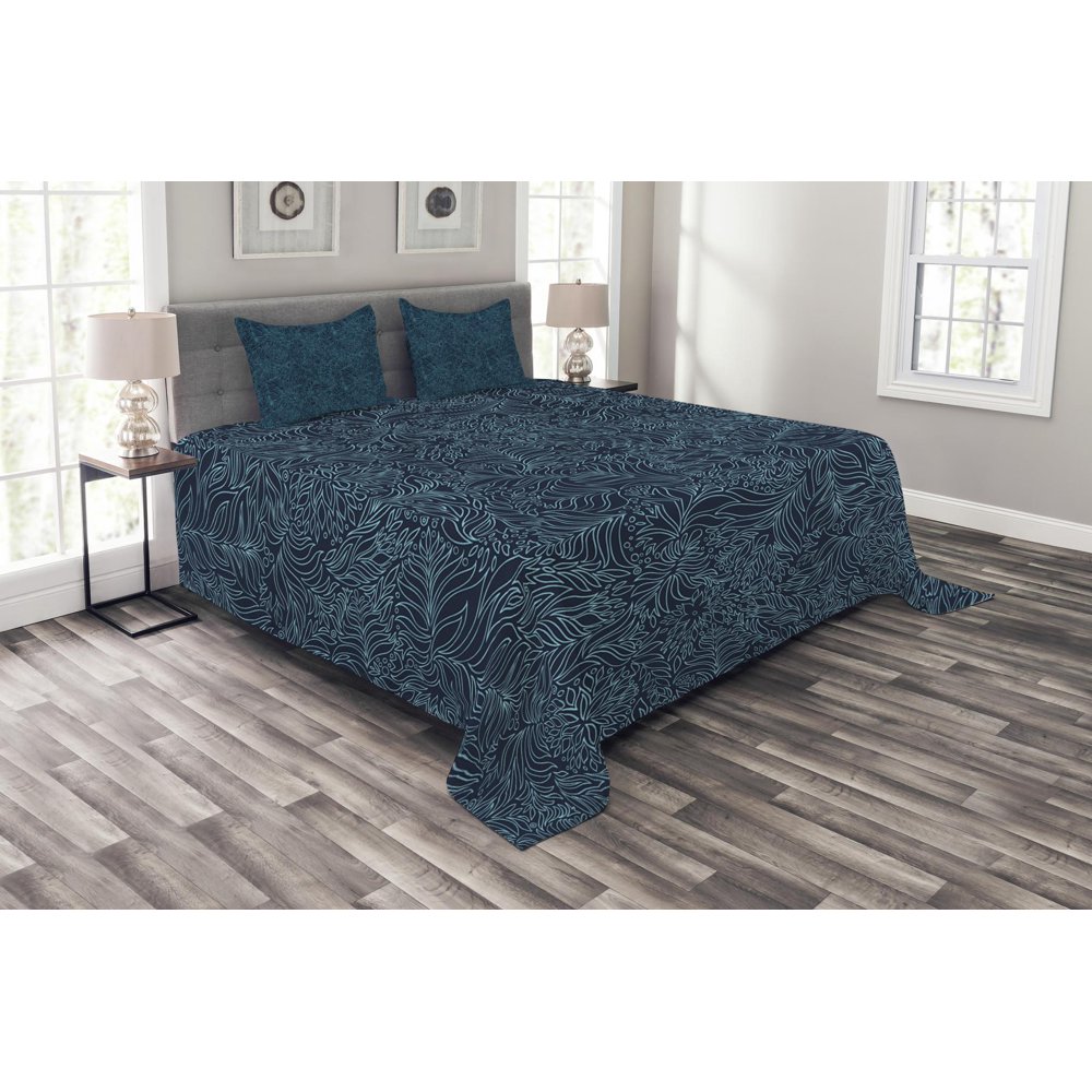 Navy and Teal Bedspread Set, Abstract Artistic Flourish Nature Inspired