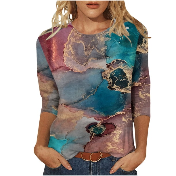 Camisas Para Mujer, Cuello Redondo, Camisetas Casuales, Camiseta Estampada A La Moda, Blusa de Manga 3/4 de Longitud Media Odeerbi ODB123685
