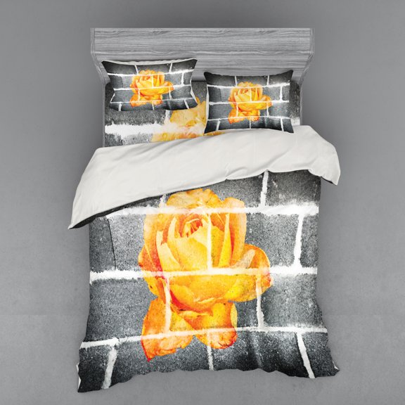 Ambesonne Grey Bedding Set 4 Pcs, Warm Rose Brick Wall, Queen, Grey Orange