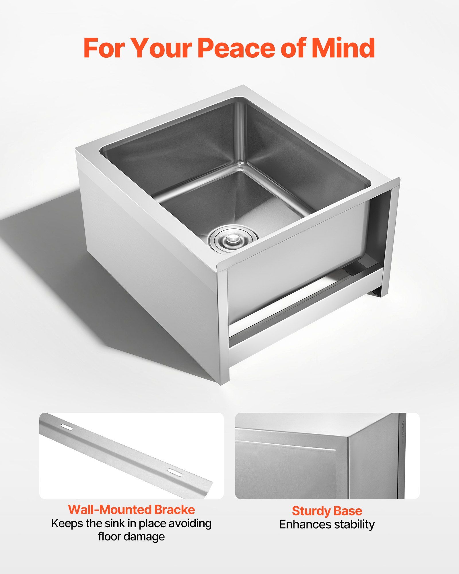 VEVOR Stainless Steel Floor Mop Sink, 22 x 19 x 12 in, 304 Stainless Steel, with Backsplash, 3-in-1 Filter and Wall-Mounted Bracket, X-Shaped Groove for Quick Drainage, for Balcony and Bathroom