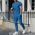 thumbnail image 2 of Stamzod Sweat Suits Men 2 Piece Summer Turndown Short Sleeve Shirts and Long Pants Set Daily Casual Loose Fit Track Suits Mens Athletic Short Sets with Pocket Blue M, 2 of 5