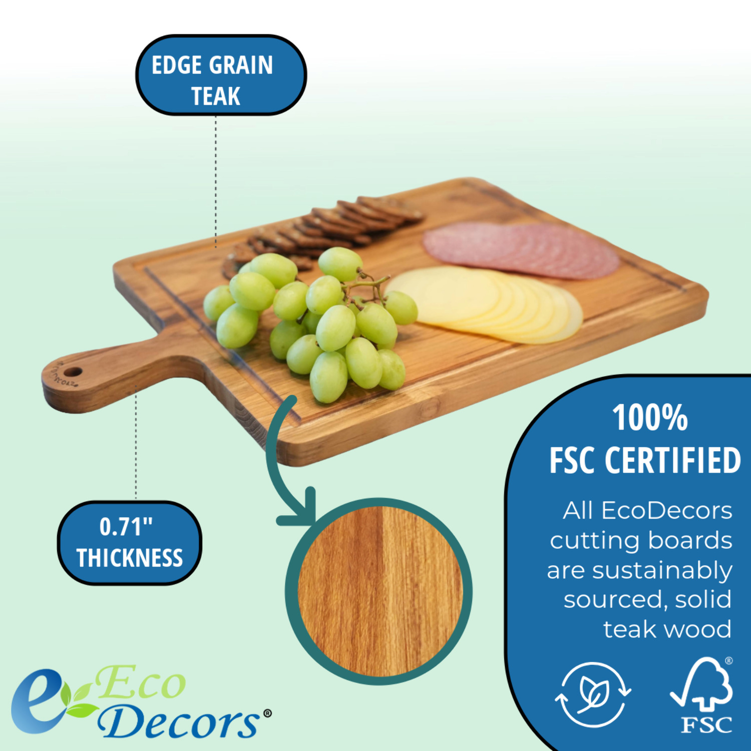 EcoDecors 19" x 12" FSC Teak Cutting Board with Juice Groove  Handle