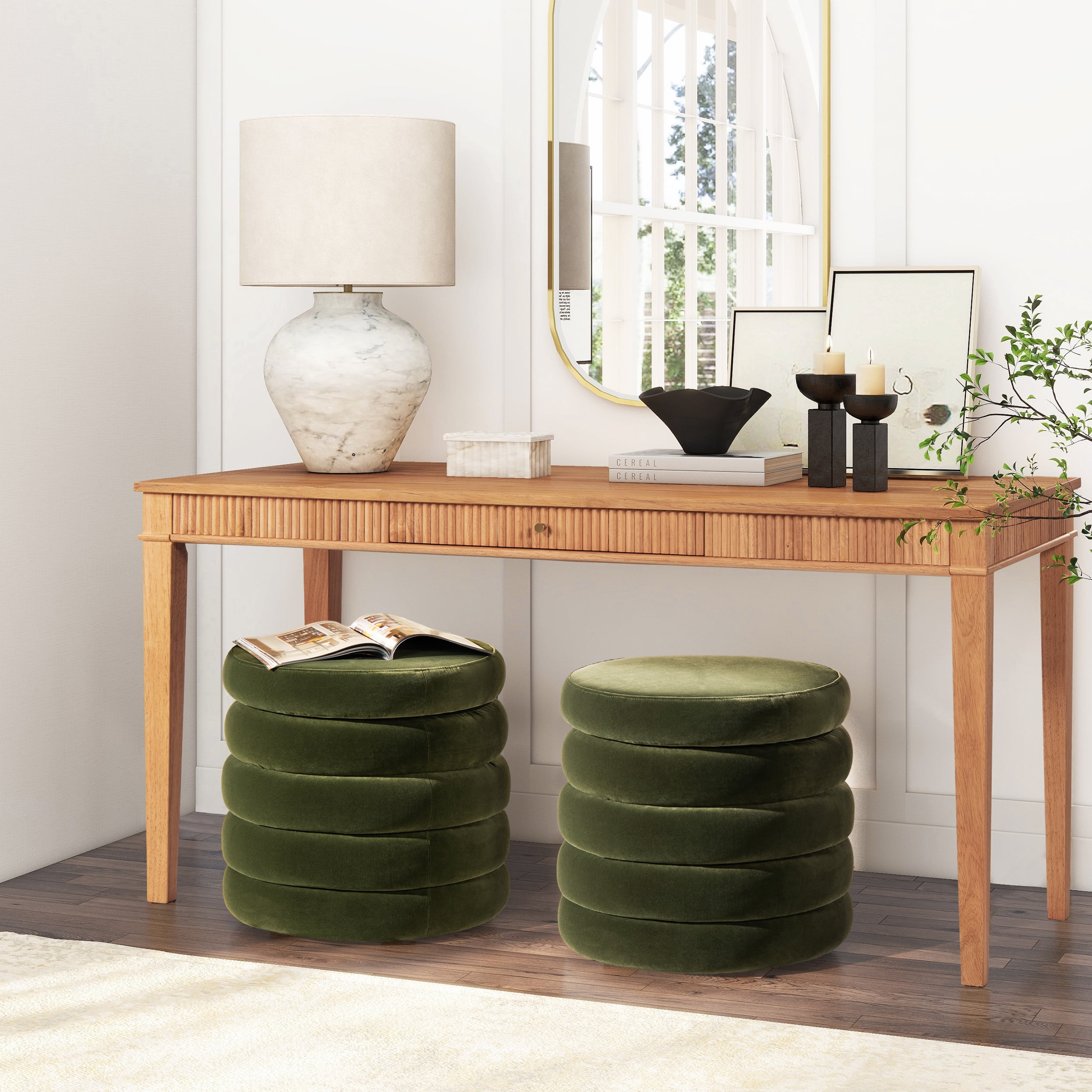 Jennifer Taylor Home Fuji 19" Oversized Round Storage Ottoman, Olive Green Performance Velvet