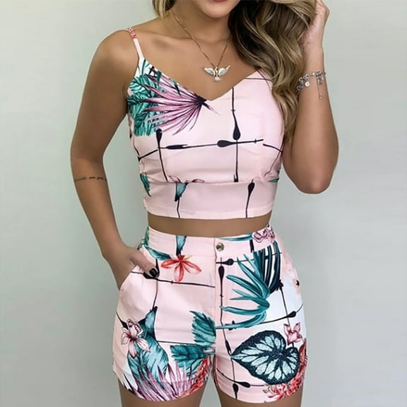 Babysbule Women Shorts Womens Fashion Leaf And Stripe Printed Sling Short Two-Piece Suit And Pocket