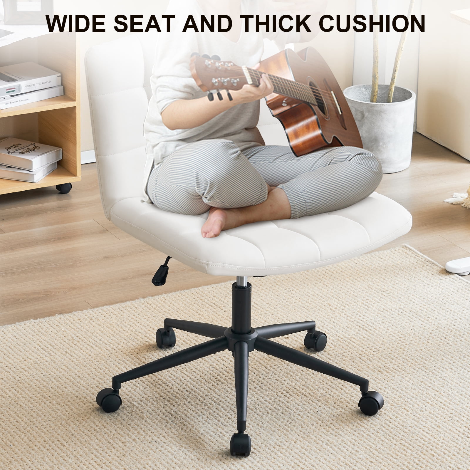 Modern Armless Home Office Chair Wide Desk Chair with Wheels Swivel Task Chair for Home Office, Bedroom. PU-Ivorywhite